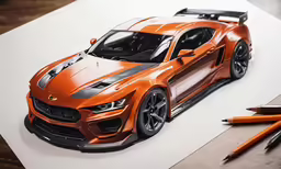 an orange sports car is on the paper
