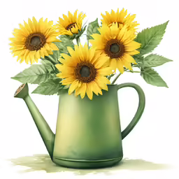 the flowers are in the green watering can