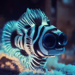 an ornate fish is swimming near blue seaweed