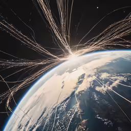 fireworks flying around the earth as viewed from space