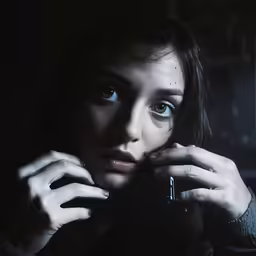 a person sitting in the dark, holding a small object