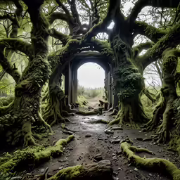 a walkway that leads into an area with trees growing around