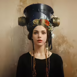 a woman with hair in a flowered hat stares up