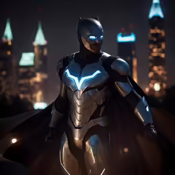 the batman in batman dark knight returns in front of some very large city buildings