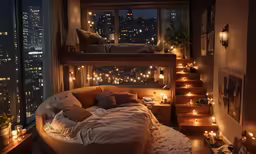 this room is furnished with round bed with lights all around it