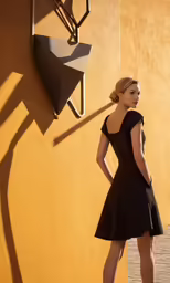 a girl wearing a black dress standing near a yellow wall