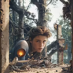 a girl with a strange glowing orange light in a broken tree