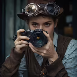 a woman in brown hat holding a camera
