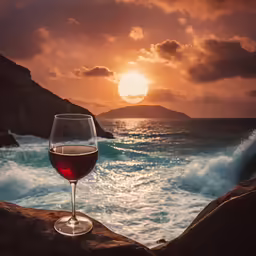 a glass of wine sitting on top of a beach near the ocean