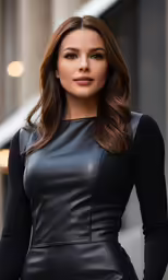 a woman standing on the street wearing black leather