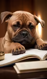 a dog sitting behind an open book on a desk