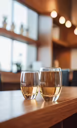 there are two glasses sitting on the table