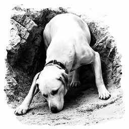 black and white photograph of a dog in a hole