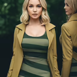 two women dressed in green are standing together