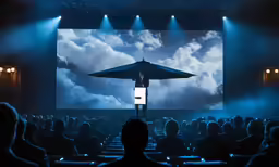 a person standing on stage holding an umbrella