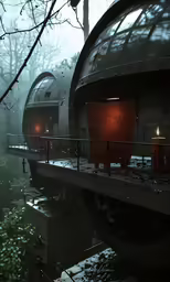 two train carriages sitting on tracks in the rain