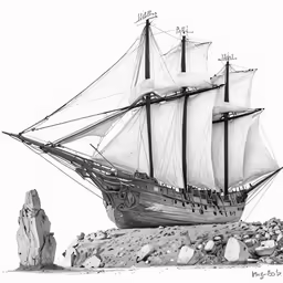 the sailing ship is in the ocean with rocks