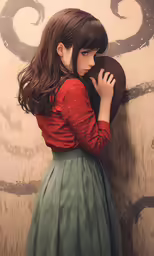 a young girl with a hat leaning against a wall