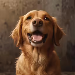 the dog smiles at the camera in the photo