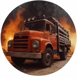 a truck with its lights on drives past a large orange object