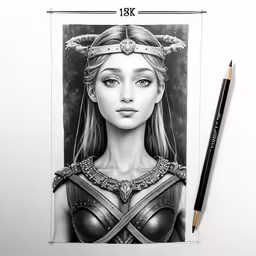 pencil drawing of an illustration of a girl in armor