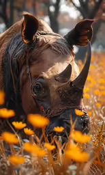 a wild animal with an ornate muzzle in a field
