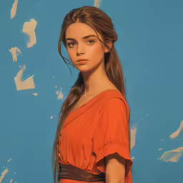 a young woman is wearing an orange top with brown leather belt