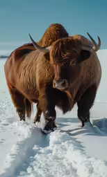 two bison are standing in the snow looking forward