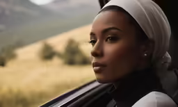 a beautiful woman looking out the window while riding in her car