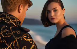 a man and woman on the beach facing each other