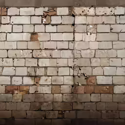 a brick wall with white and brown patches of paint