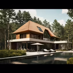 a large building next to a body of water with trees in the background