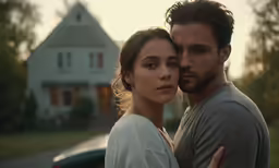 the young man and woman are posing together
