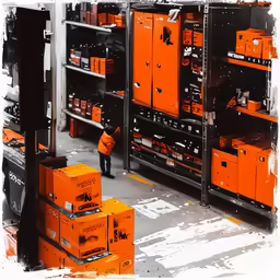 a person standing in front of orange boxes