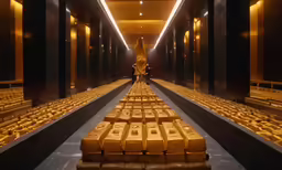 rows of luggage sitting in the middle of a hallway