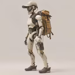a white robot is holding a backpack