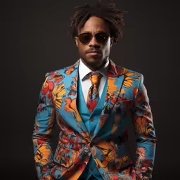 man in an artistic suit with sun glasses,a man is wearing colorful suit and sunglasses