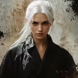 the beautiful, white haired woman is dressed in black