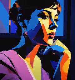 there is a female that has very vibrant colors,a painting of a woman in an abstract dress
