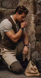 a man kneeling with his face covered by his hands