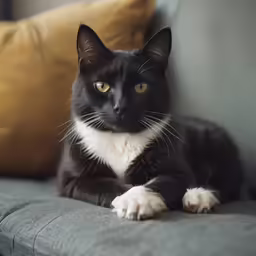 a cat laying on the couch and looking at someone