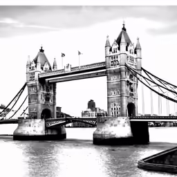 a black and white photograph of tower bridge with the shardling of the arch