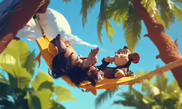 a couple that is laying on a hammock