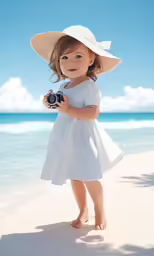 an adorable little girl in a sun hat is standing on the beach holding a camera