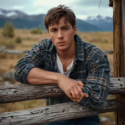 a man is leaning on a wooden rail fence