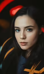 a woman with dark hair and blue eyes