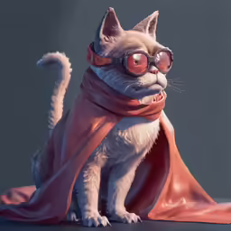 the cat wearing sunglasses is wearing a scarf and standing on a blanket