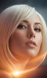 the woman with blonde hair has bright light shining down on her face