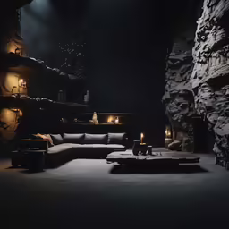 a living room with several lit candles sitting on top of a couch