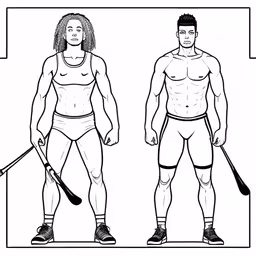 two men with paddles are standing, one is holding a ball,man and woman with paddles,a drawing of two men with different types of body,two people with body and legs, one holding a paddle,a person with no shirts and a man without a bra with crossed arms